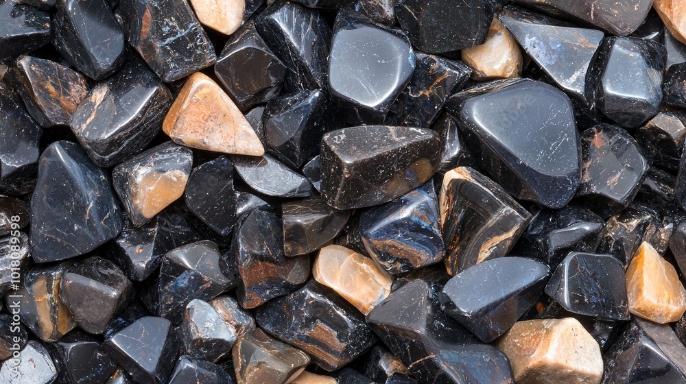   A mountain of black and brown rocks with brown and white rocks on top