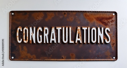 congratulations lettering on antique rugged rusty metal sign on plain white background