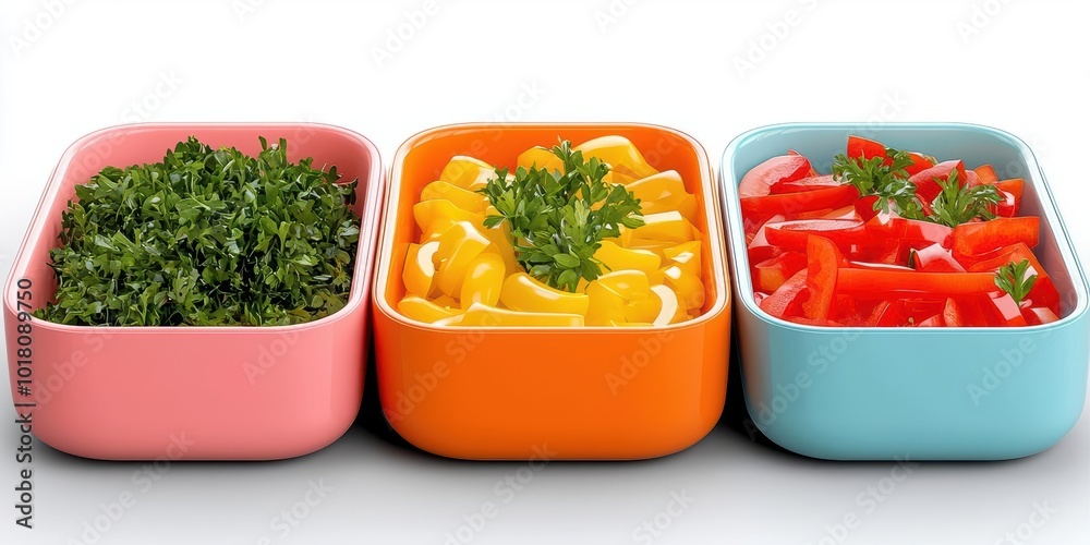 Fresh vegetables in colorful bowls on a white background. Fresh vegetables in colorful bowls on a white background.