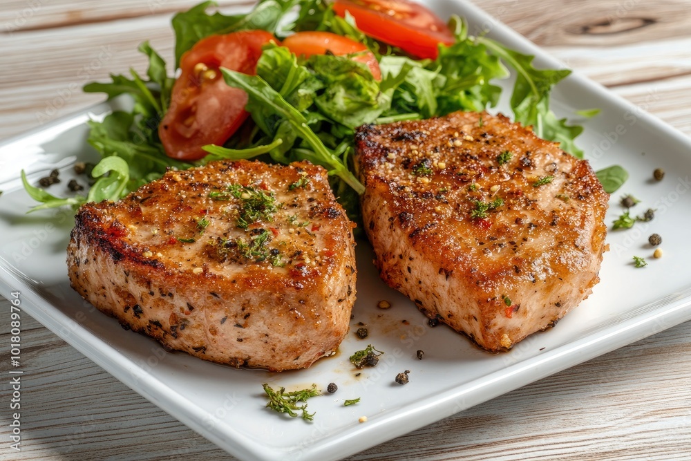 Close Up Still Life of Two Fried Tuna Steaks on Square White Plate with Seasoning and Fresh Green Salad with Tomato on Painted Wooden Table - generative ai Close Up Still Life of Two Fried Tuna Steaks on Square White Plate with Seasoning and Fresh Green Salad with Tomato on Painted Wooden Table - generative ai