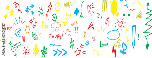 Anime emotion effects set. Line movement elements, comic emotive symbols. Hand drawn cute doodle emphasis, expression signs, action lines, exclamation marks