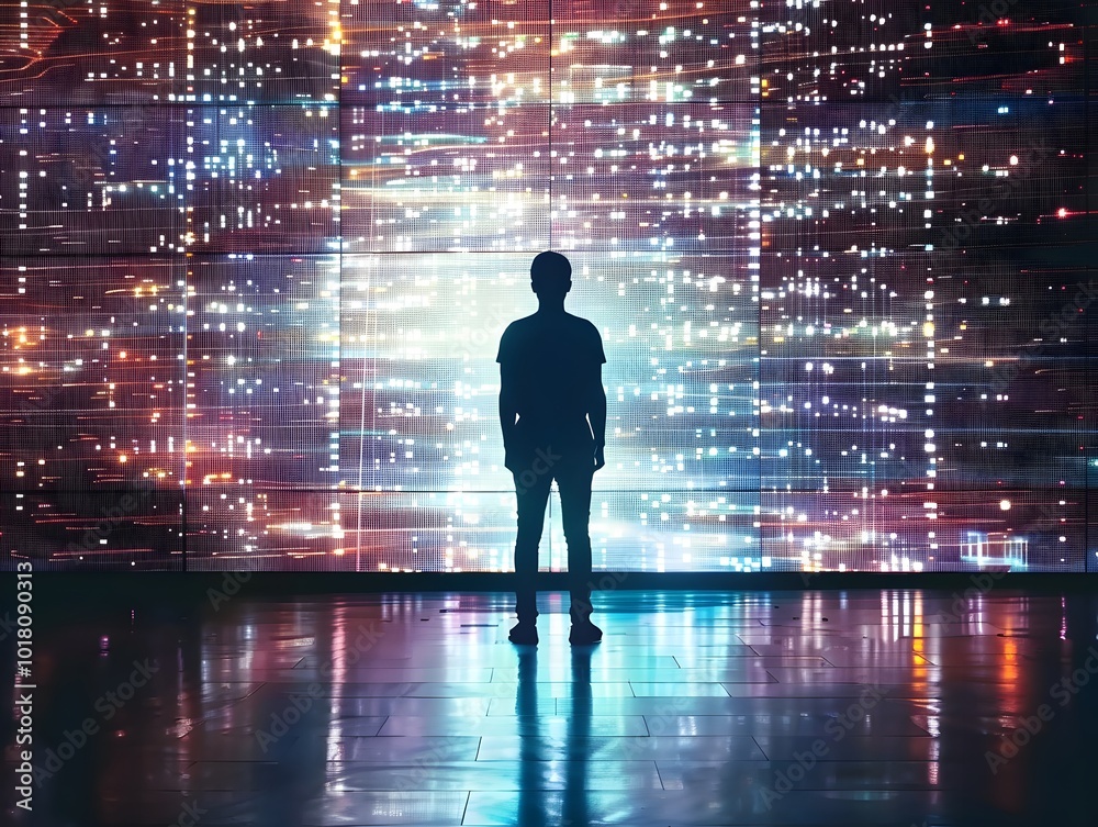 Silhouetted Person Standing Before Glowing Digital Data Stream on Computer Screen Silhouetted Person Standing Before Glowing Digital Data Stream on Computer Screen