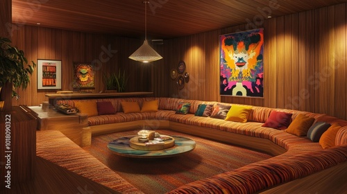 A classic 70s inspired lounge with a sunken conversation pit photo