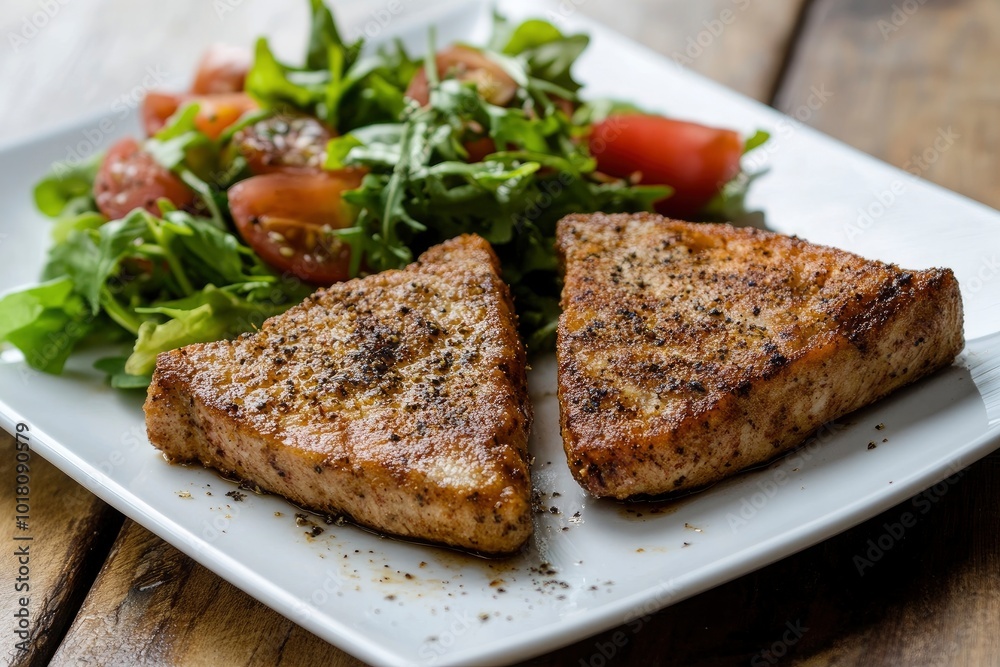Close Up Still Life of Two Fried Tuna Steaks on Square White Plate with Seasoning and Fresh Green Salad with Tomato on Painted Wooden Table - generative ai Close Up Still Life of Two Fried Tuna Steaks on Square White Plate with Seasoning and Fresh Green Salad with Tomato on Painted Wooden Table - generative ai