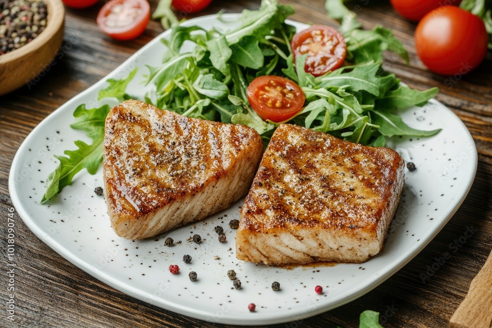 Close Up Still Life of Two Fried Tuna Steaks on Square White Plate with Seasoning and Fresh Green Salad with Tomato on Painted Wooden Table - generative ai Close Up Still Life of Two Fried Tuna Steaks on Square White Plate with Seasoning and Fresh Green Salad with Tomato on Painted Wooden Table - generative ai
