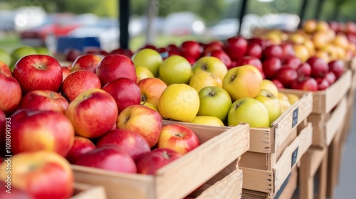 boxes with different varieties of ripe apples of the new harvest