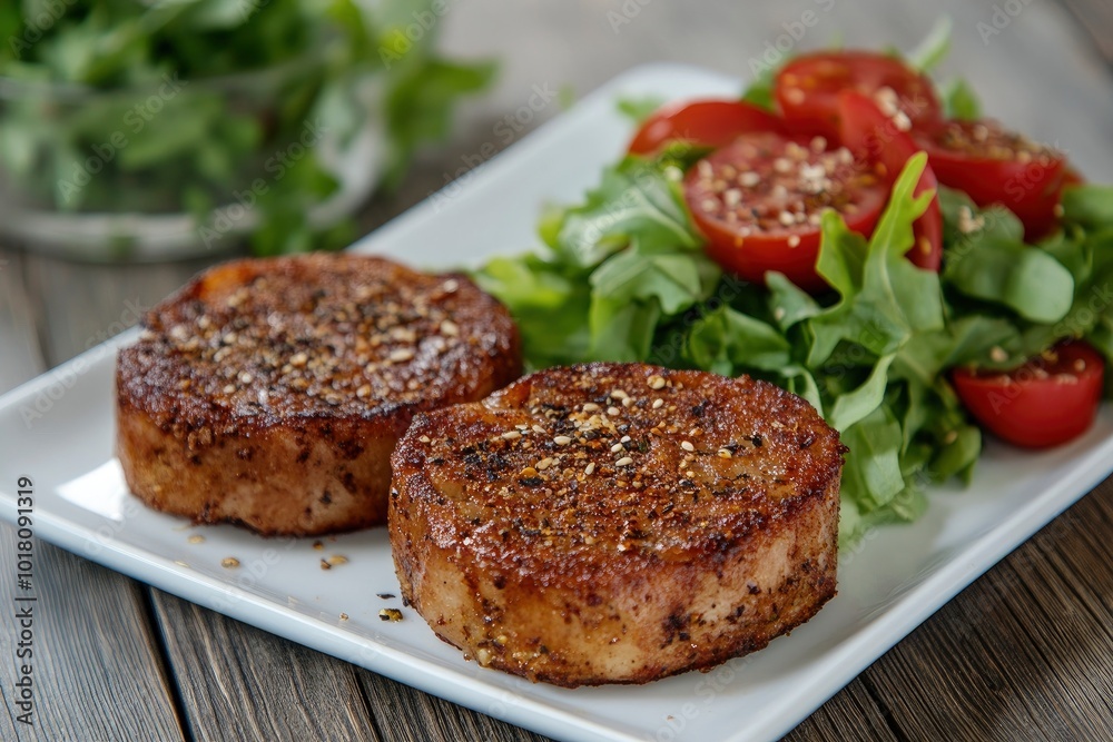 Close Up Still Life of Two Fried Tuna Steaks on Square White Plate with Seasoning and Fresh Green Salad with Tomato on Painted Wooden Table - generative ai Close Up Still Life of Two Fried Tuna Steaks on Square White Plate with Seasoning and Fresh Green Salad with Tomato on Painted Wooden Table - generative ai