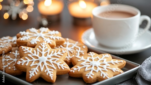snowflake shaped christmas cookies and cup of cocoa on table with blurred candles  lights in background