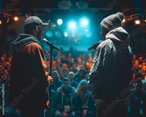 Two Poets Passionately Reciting Verses on Stage at a Poetry Slam Event photo