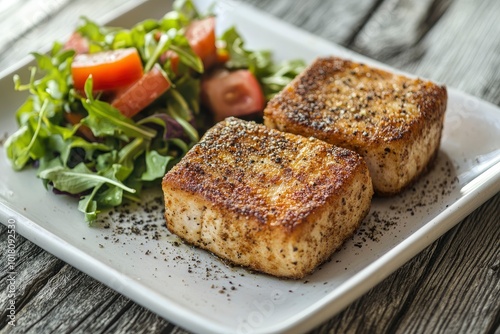 Close Up Still Life of Two Fried Tuna Steaks on Square White Plate with Seasoning and Fresh Green Salad with Tomato on Painted Wooden Table - generative ai