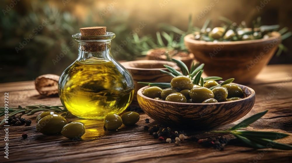 Extra virgin olive oil is shimmering on a rustic wooden table with olives and spices Extra virgin olive oil is shimmering on a rustic wooden table with olives and spices
