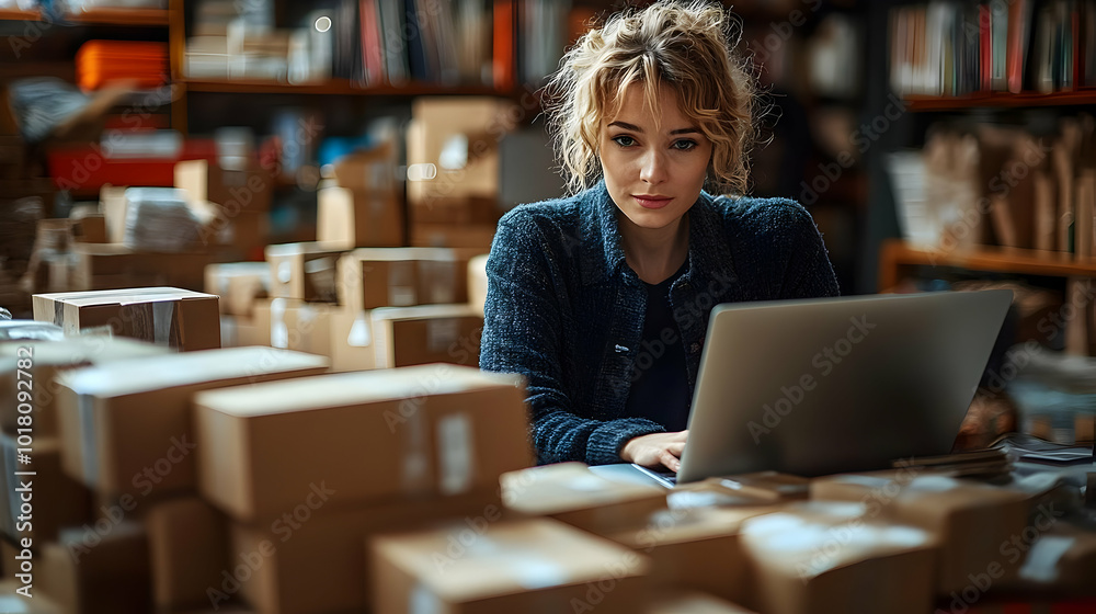 Young woman working on a laptop surrounded by cardboard boxes. Young woman working on a laptop surrounded by cardboard boxes.
