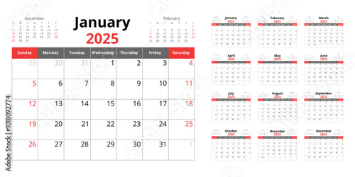 2025 calendar. A vector set of English monthly calendars
