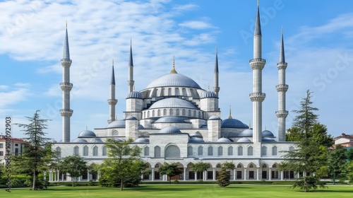 3D illustration of a mosque with towering minarets and a spacious courtyard, emphasizing its grand design.