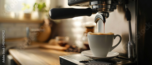 Close-up of coffee brewing at coffee machine on the cozy modern kitchen. Pouring espresso. Coffee shop, caffe illustration. Generative ai	