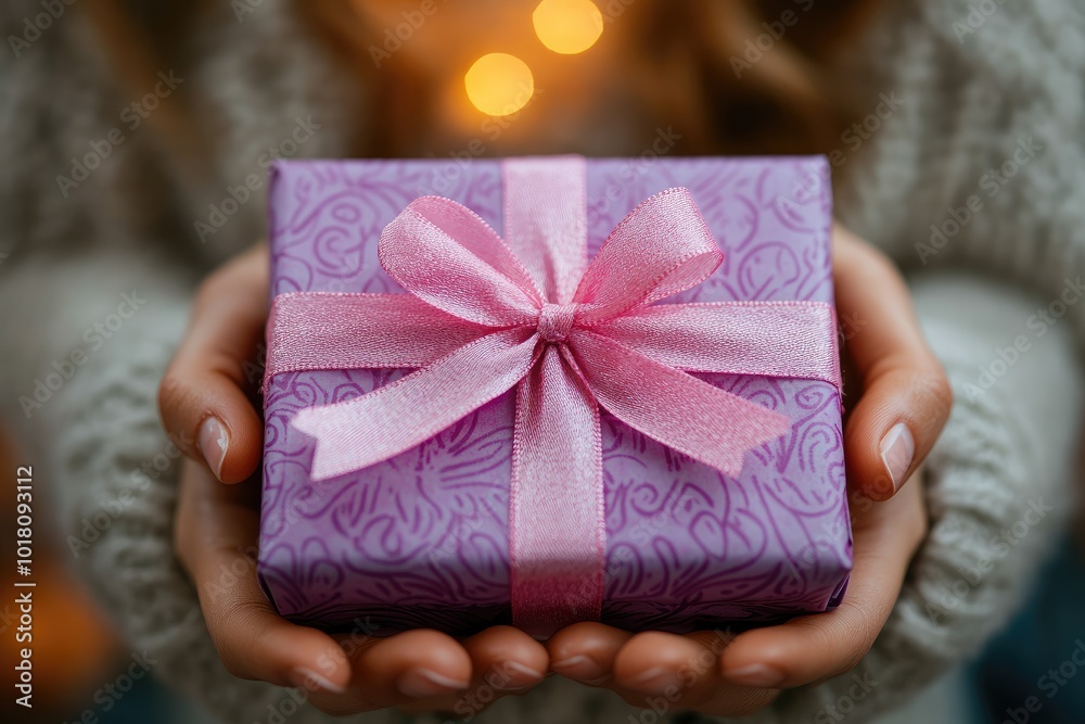 Woman holding a purple gift with pink ribbon Woman holding a purple gift with pink ribbon