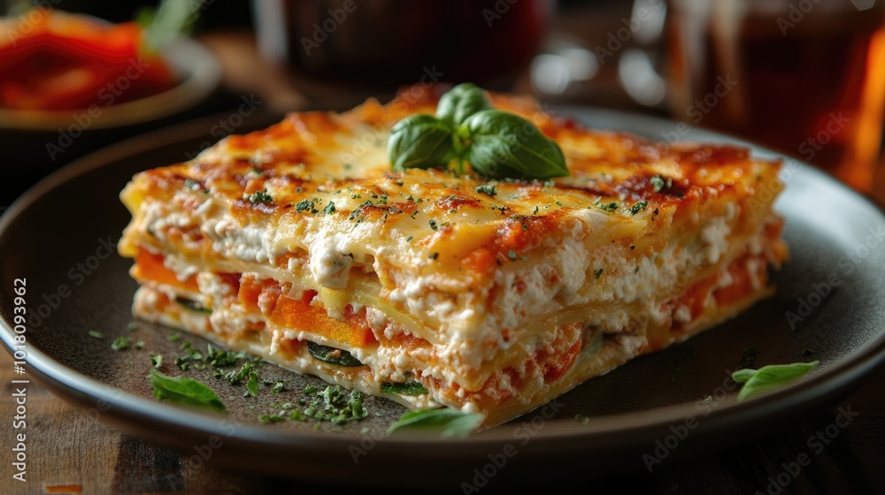 Delicious lasagna with vegetables and cheese being served on a plate Delicious lasagna with vegetables and cheese being served on a plate