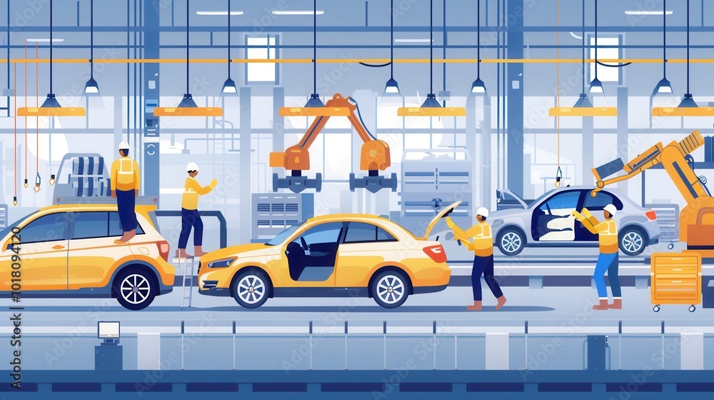 A team of workers actively installs and inspects car interiors while utilizing robotic tools on a vibrant factory floor. Generative AI A team of workers actively installs and inspects car interiors while utilizing robotic tools on a vibrant factory floor. Generative AI