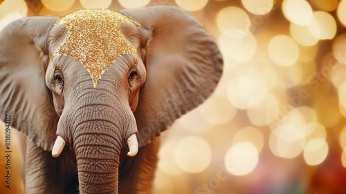 circus elephant with tusks against blurred lights