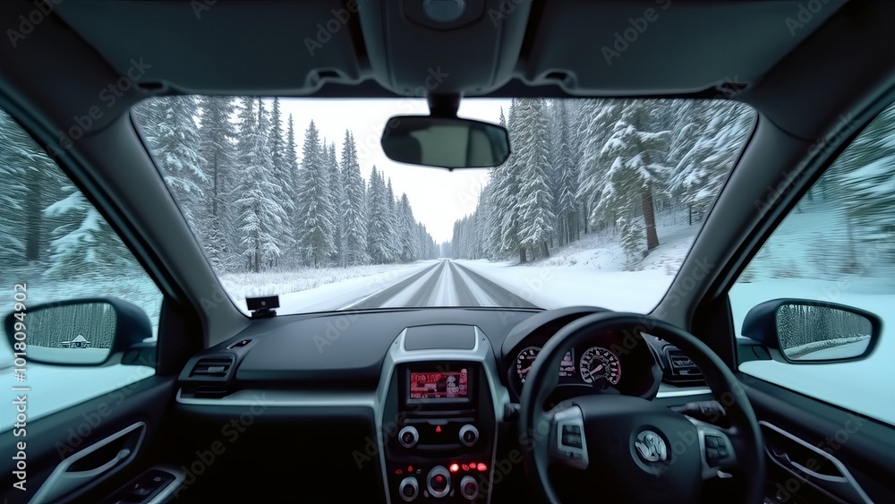 An unmanned vehicle equipped with artificial intelligence is driving on a winter road. View from the car interior to the road. An unmanned vehicle equipped with artificial intelligence is driving on a winter road. View from the car interior to the road.