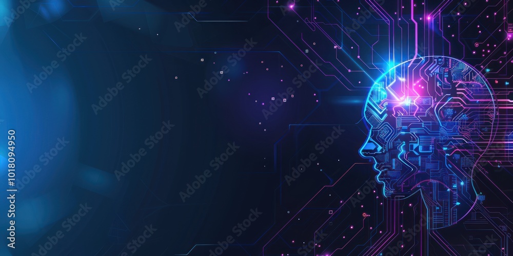 Obraz premium Digital human head silhouette with circuit board pattern and glowing nodes. Futuristic concept of artificial intelligence and technology with copy space.