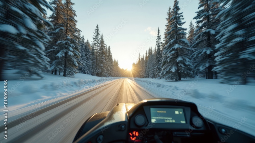 An unmanned vehicle equipped with artificial intelligence is driving on a winter road. View from the car interior to the road. An unmanned vehicle equipped with artificial intelligence is driving on a winter road. View from the car interior to the road.