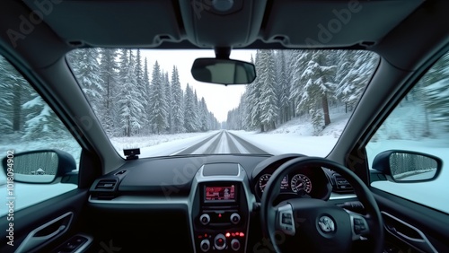 Wallpaper Mural An unmanned vehicle equipped with artificial intelligence is driving on a winter road. View from the car interior to the road. Torontodigital.ca