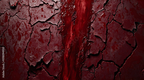 A thick blood streak down the center of the background with dried and fresh areas