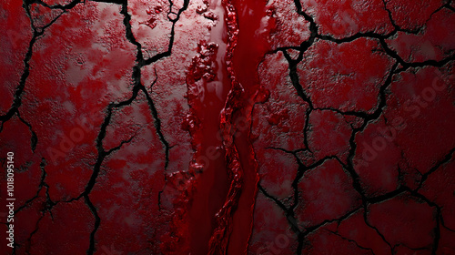A thick blood streak down the center of the background with dried and fresh areas