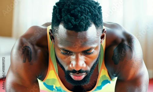 Focused Jamaican Man Performing Sit-Ups on Yoga Mat