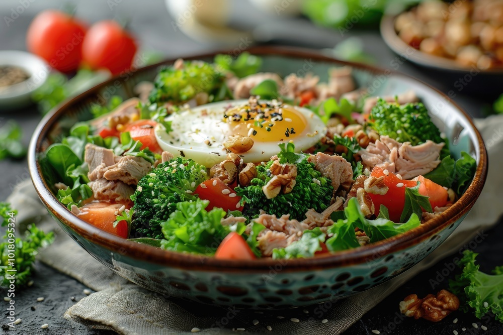 Healthy salad with tuna, broccoli, tomatoes, eggs, and walnuts, drizzled with olive oil and spices Healthy salad with tuna, broccoli, tomatoes, eggs, and walnuts, drizzled with olive oil and spices
