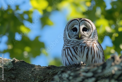 Barred owl perched on branch looking forward during the day photo