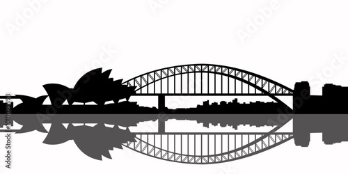 Sydney City skyline black and white silhouette. Vector illustration. Simple flat concept for tourism presentation, banner, placard or web site. Business travel concept. Cityscape with landmarks.