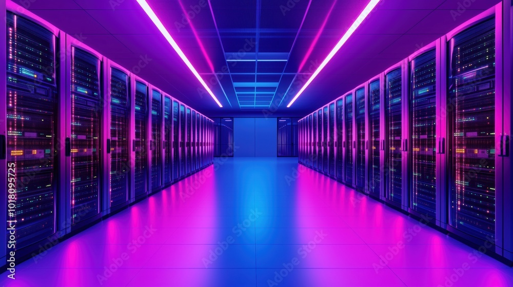 Futuristic data center with neon lighting and servers Futuristic data center with neon lighting and servers