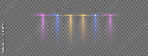 A bright spotlight on the stage shines with rays. Isolated light effect for your design and illustration.The vector set of light includes a light source, studio lighting, walls