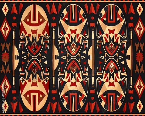 Vibrant Zulu Inspired Tribal Pattern with Shields  Spears  and Traditional Beadwork Motifs in Earthy Tones photo