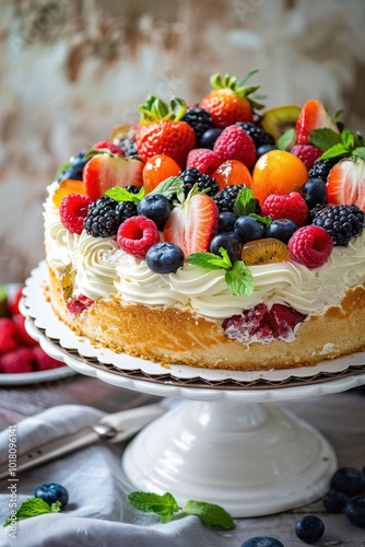 Vibrant Fruit Topped Cake on White Stand