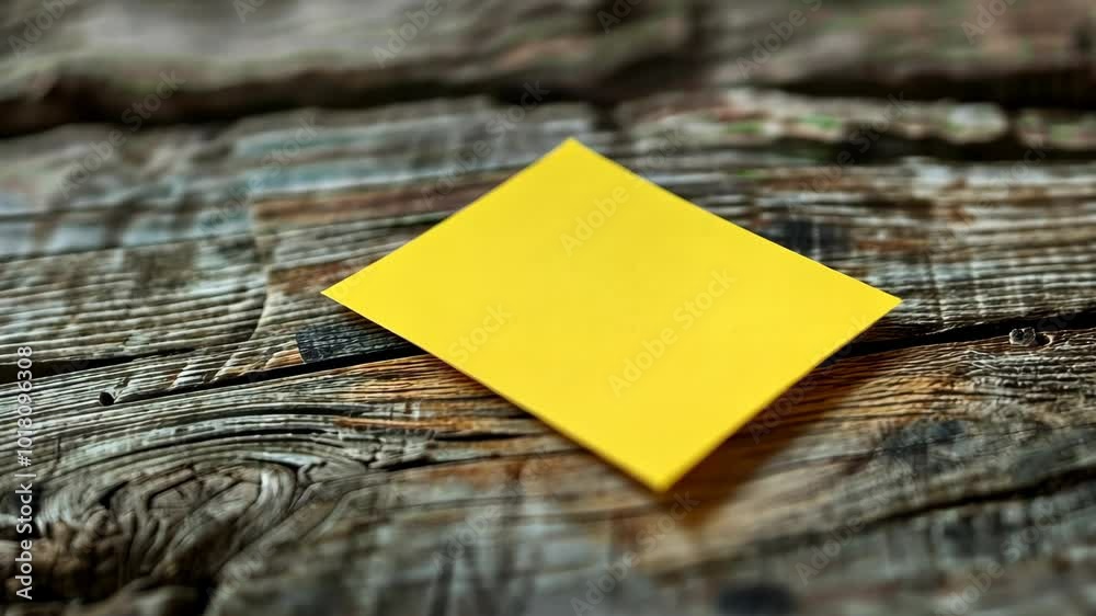 A yellow sticky note sits on a weathered wooden surface