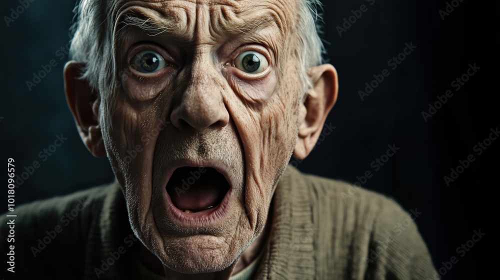 Elderly man expressing shock and fear, intense facial features Elderly man expressing shock and fear, intense facial features