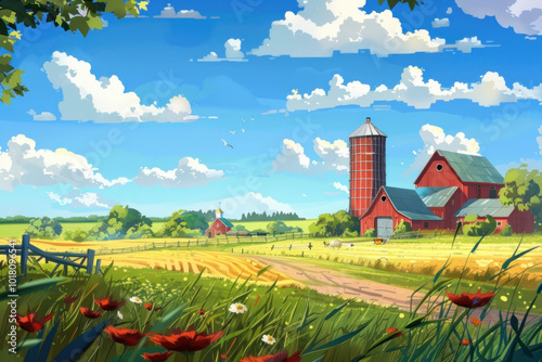 Red barn nestled among lush green fields on a sunny day. photo