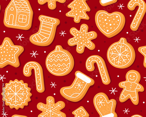 Seamless pattern with Christmas gingerbread cookies in different shapes. Red background. Christmas cookies with sugar glazed. New year pattern for wrapping paper, fabric, card.