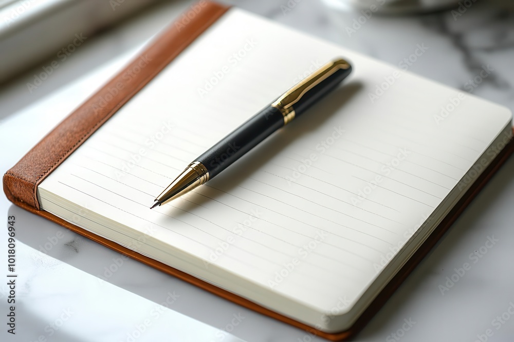Stylish pen resting on a clean notepad, perfect for note-taking or journaling in an elegant workspace setting. Stylish pen resting on a clean notepad, perfect for note-taking or journaling in an elegant workspace setting.