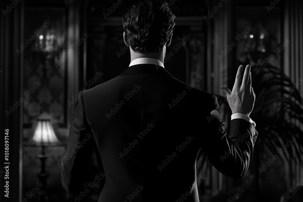 Naklejka premium A man in a classic suit standing in dark room. Back view