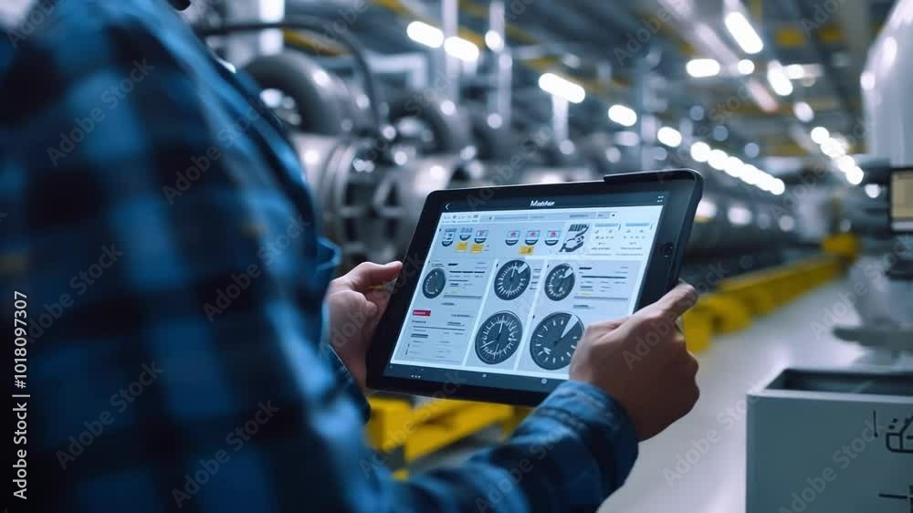 Industrial engineer working in a modern factory is holding a digital tablet and monitoring the production process using innovative software