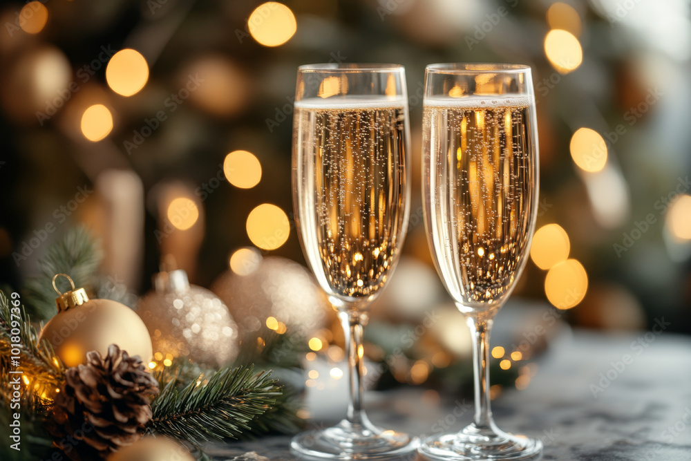 Celebratory Scene Champagne and Holiday Lights for New Year Festivities
