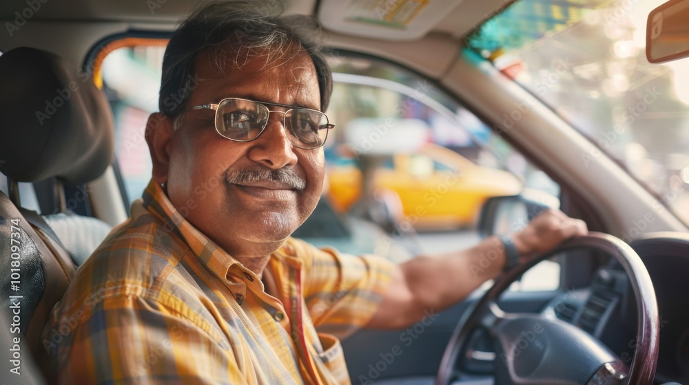 Naklejka premium Indian Taxi Driver Smiling at the Wheel During a Sunny Day