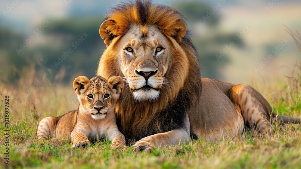 Lion family resting together in savannah, father and cub Lion family resting together in savannah, father and cub