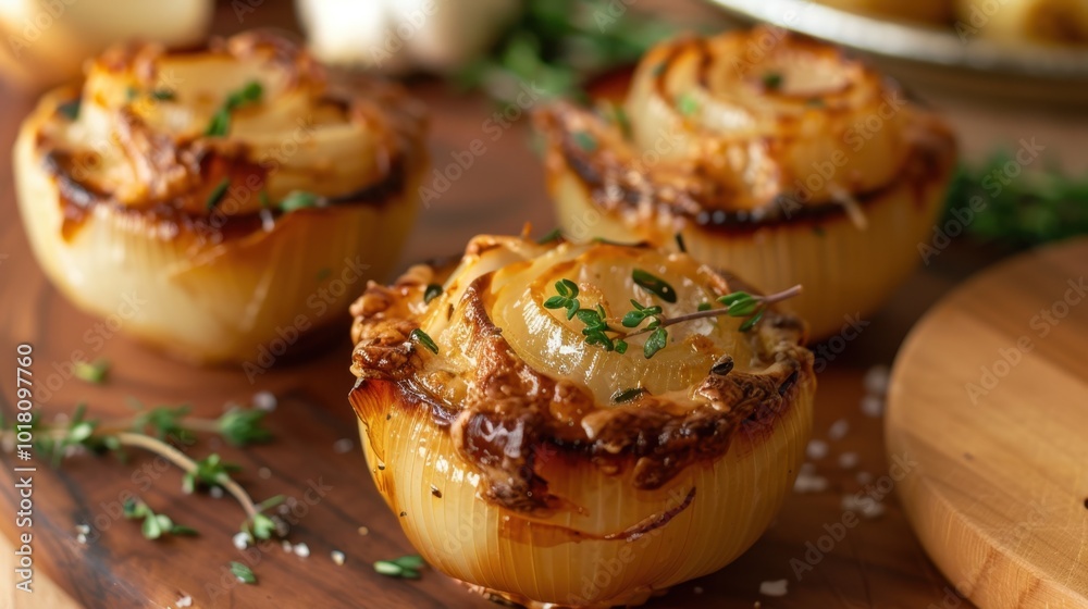 Gourmet Stuffed Onions With Cheese and Herbs on Wooden Table Gourmet Stuffed Onions With Cheese and Herbs on Wooden Table
