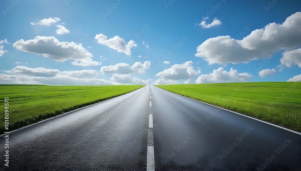 A long, straight asphalt road leading into the distance on a sunny day with a blue sky and white fluffy clouds. A long, straight asphalt road leading into the distance on a sunny day with a blue sky and white fluffy clouds.