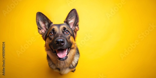 A joyful German Shepherd set on a bright yellow background, captivating for pet-themed initiatives and marketing. A delightful representation of love